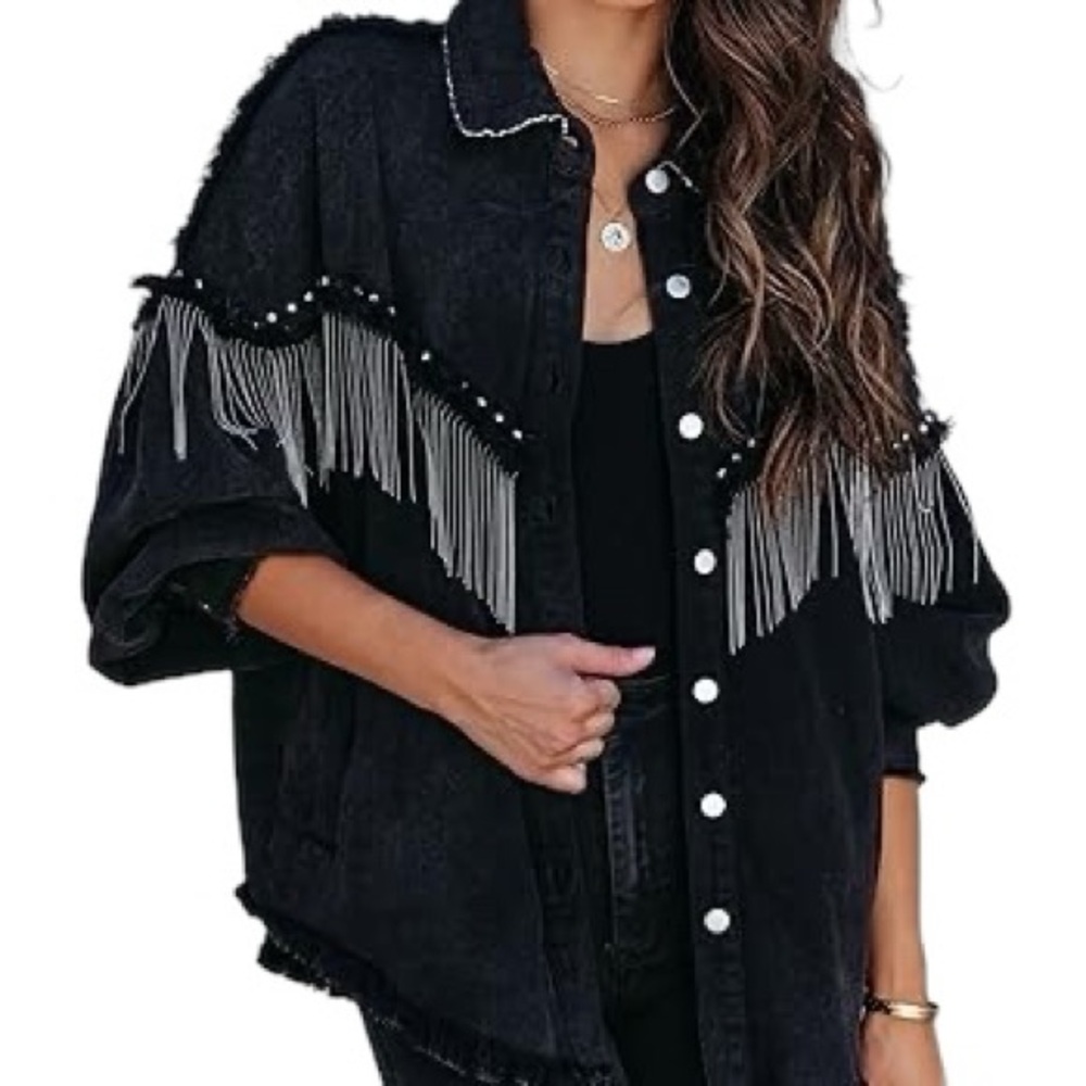 FINDTHY Women’s Fashion Rhinestone Fringe Jacket Long Sleeve Denim Jean Jacket - Picture 4 of 11